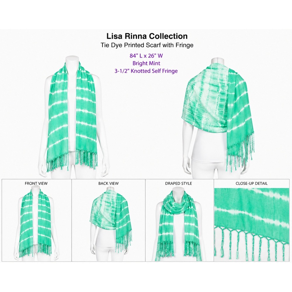 Lisa‎ Rinna Collection Green Tie Dye Scarf Knotted Fringe Viscose Wrap 84x26
